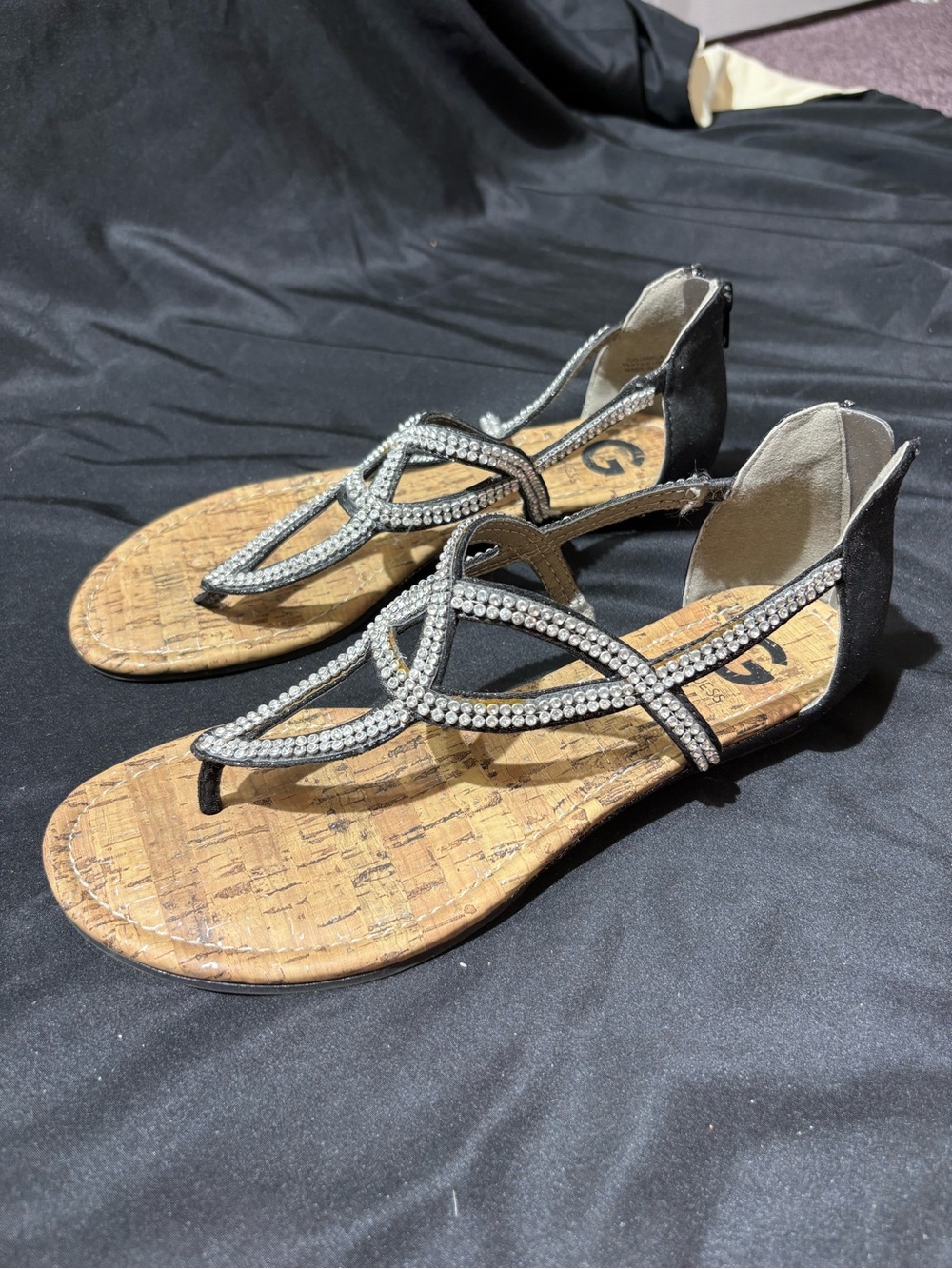 G by Guess Black Rhinestone T-Strap Cork-Style Sandals